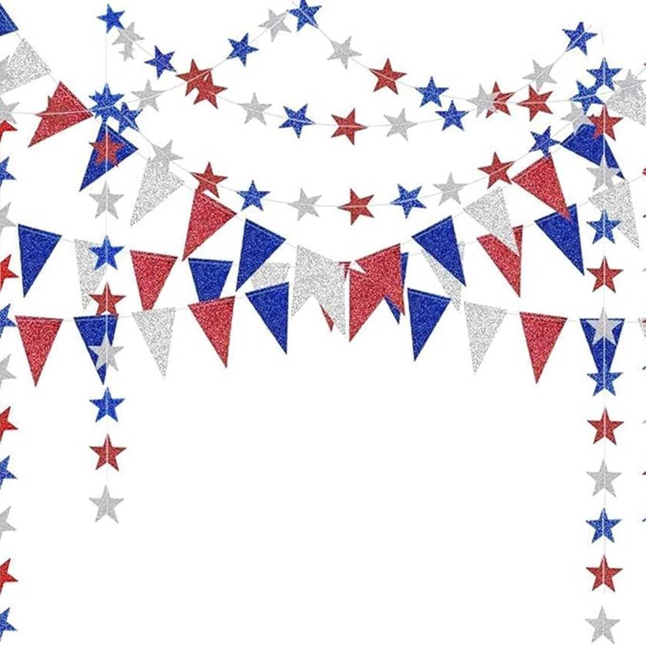 4th of July Patriotic Decorations Set Glitter Star Streamers Pennant Bunting Banner Red White Blue Garland for Independence Day Veterans Labor Day Decor Holiday Memorial Day Party Supplies